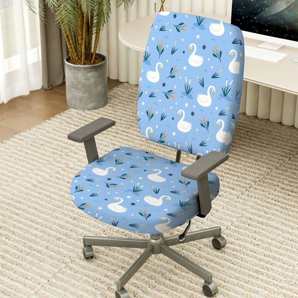 2-Piece Blue Swan Pattern Floral Winter Waterfowl Animal  Computer Chair Cover Set, Seat and Backrest