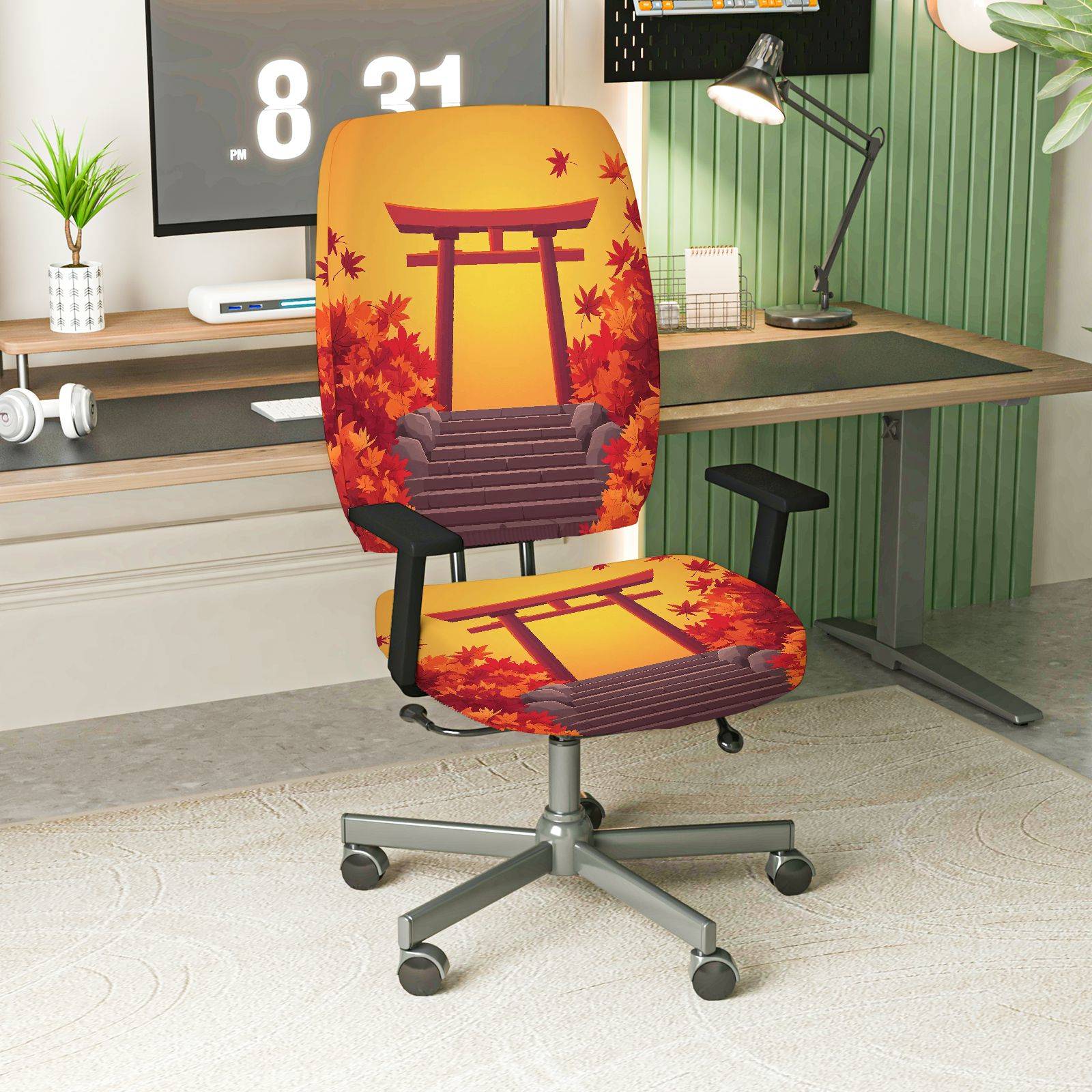 2-Piece Autumn Japanese Shrine Maple Leaves Scenery  Computer Chair Cover Set, Seat and Backrest