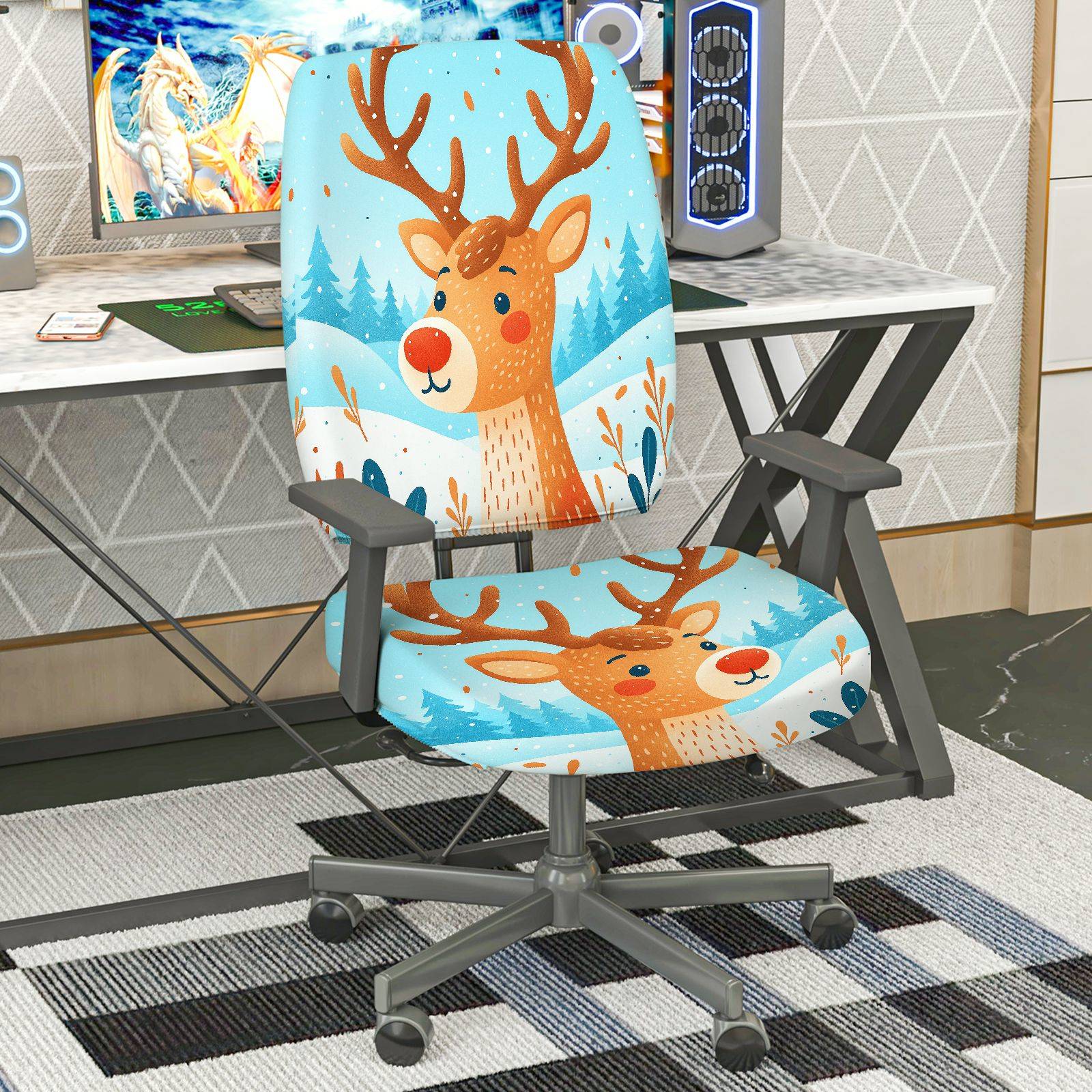 2-Piece Christmas Deer Snow Forest Winter  Computer Chair Cover Set, Seat and Backrest
