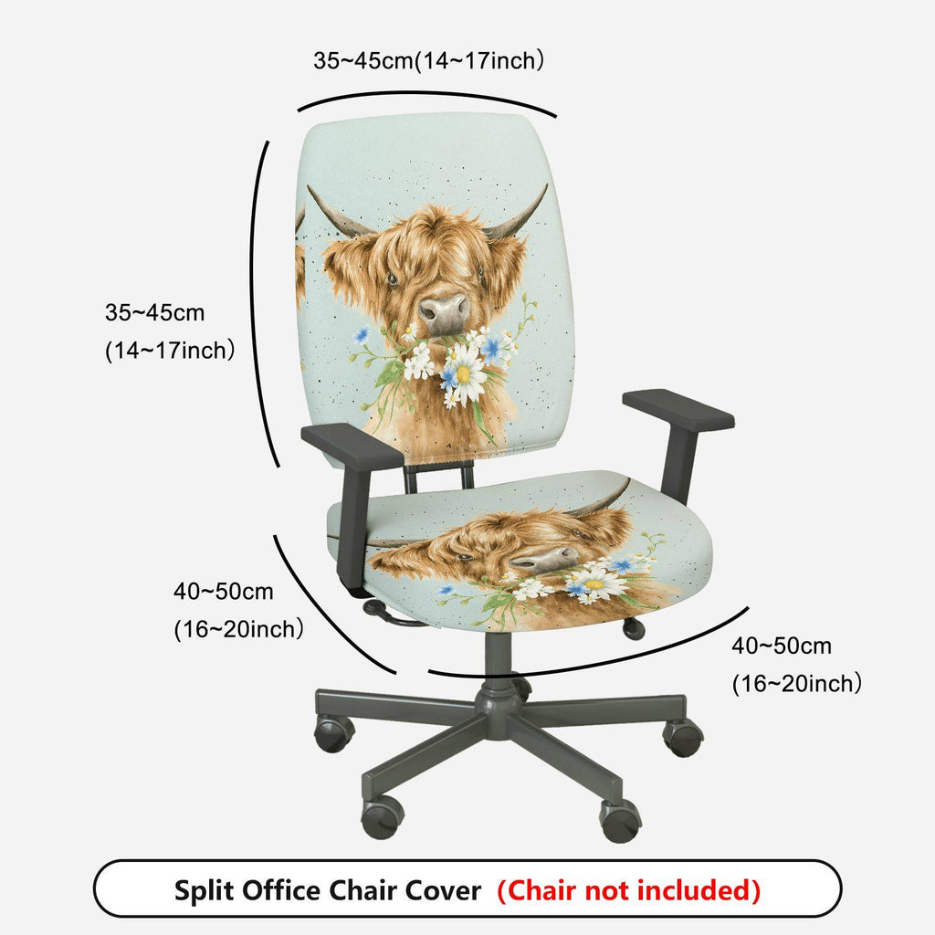 2-Piece Cute Animal Highland Cow Floral Printed Pastoral Style  Computer Chair Cover Set, Seat and Backrest