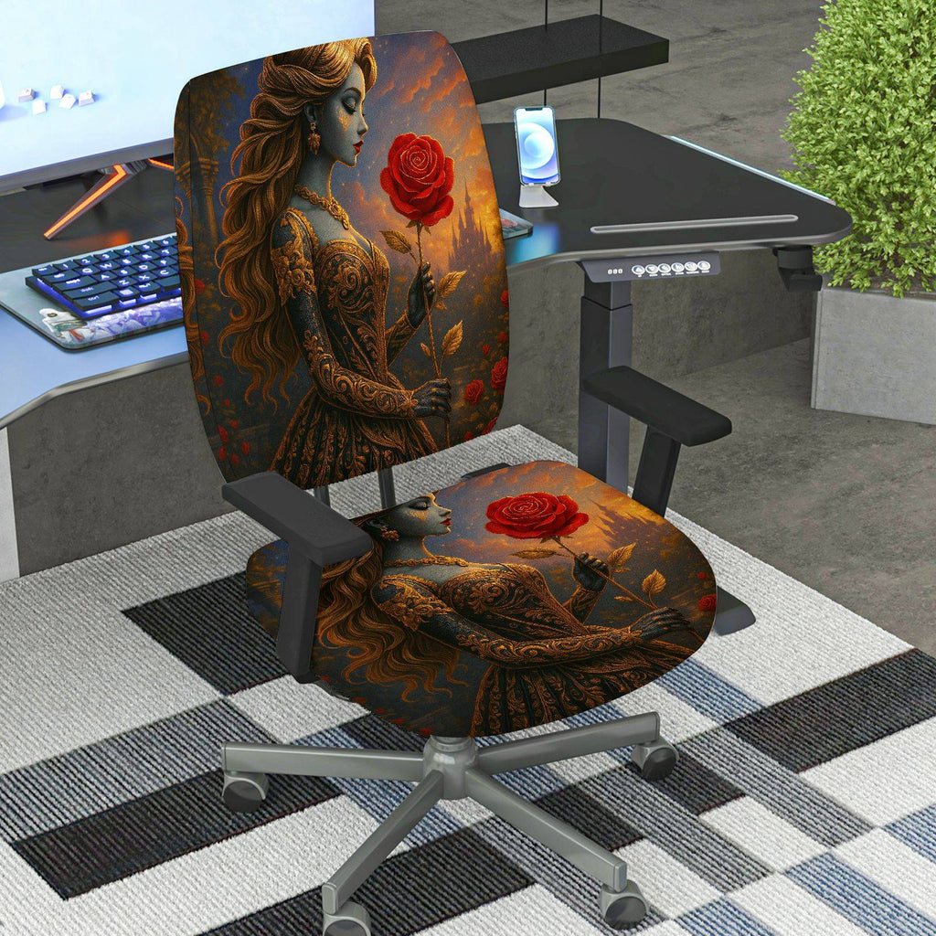 2-Piece Artistic Romantic Rose Woman Graphic  Computer Chair Cover Set, Seat and Backrest
