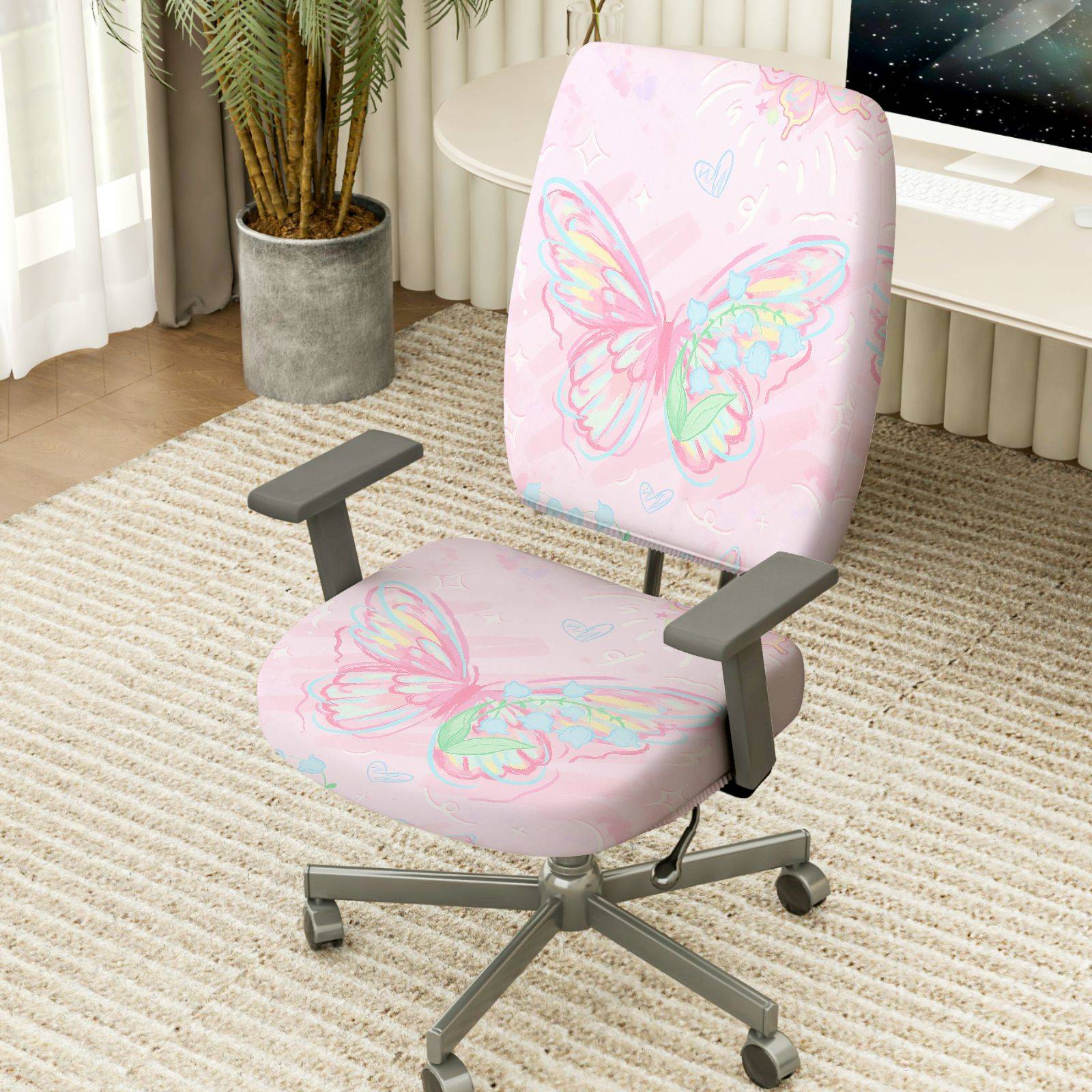 2-Piece Pink Butterfly Pastel Artistic Cheerful Cute  Computer Chair Cover Set, Seat and Backrest