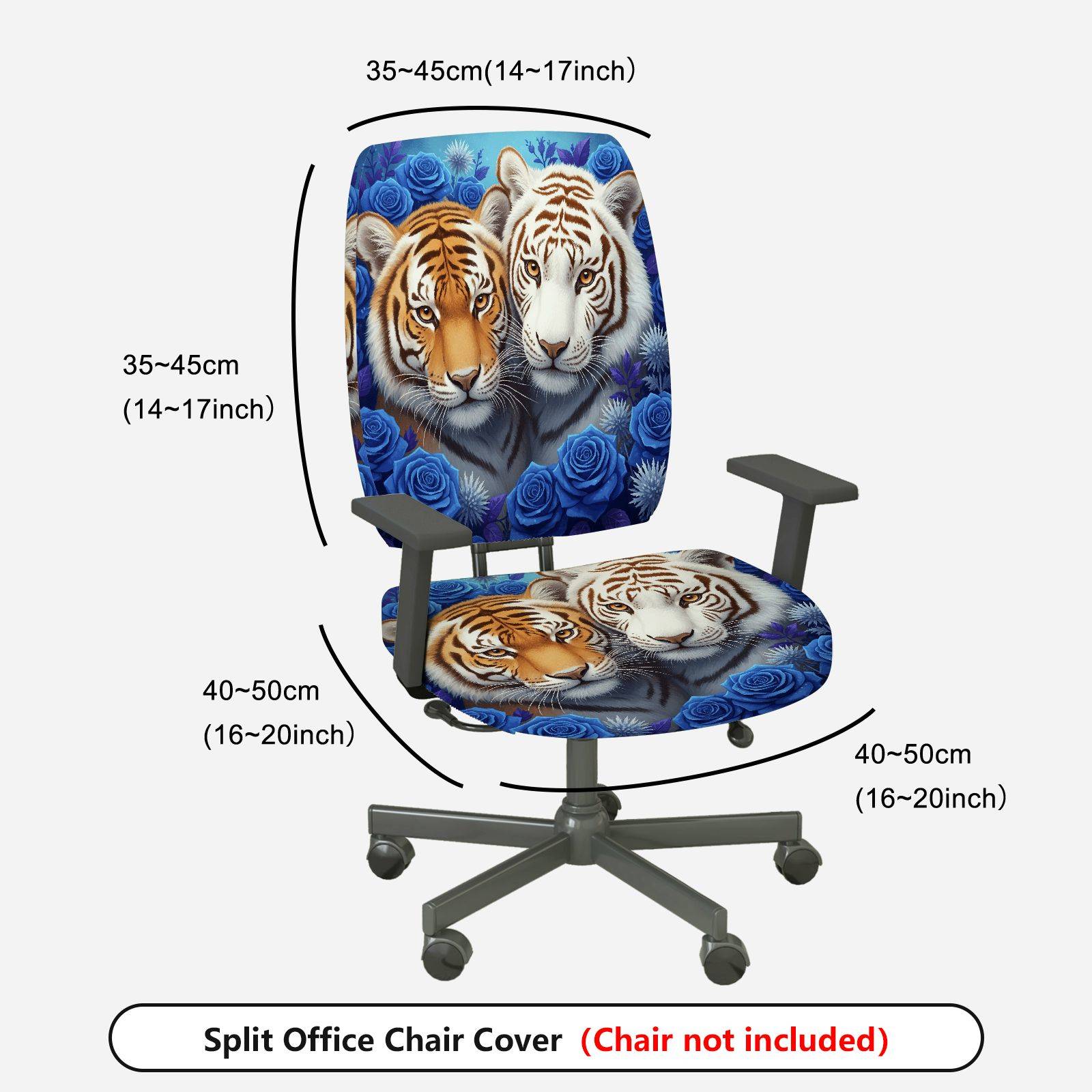 2-Piece Tiger Floral Animal Print Blue Roses  Computer Chair Cover Set, Seat and Backrest