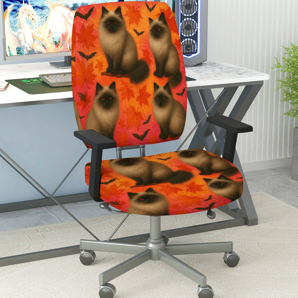 2-Piece Autumn Cat Halloween Bat Leaf  Computer Chair Cover Set, Seat and Backrest