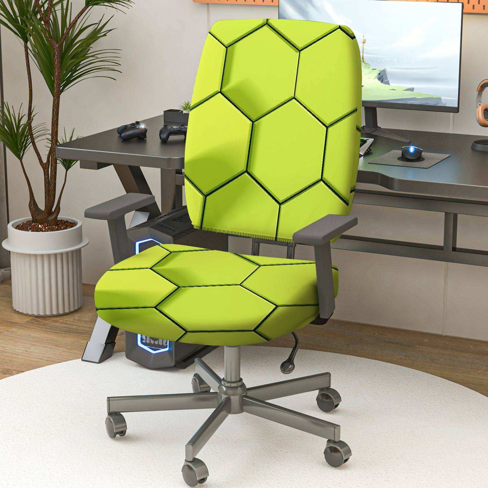2-Piece Geometric Hexagon Pattern Green Modern Stylish  Computer Chair Cover Set, Seat and Backrest