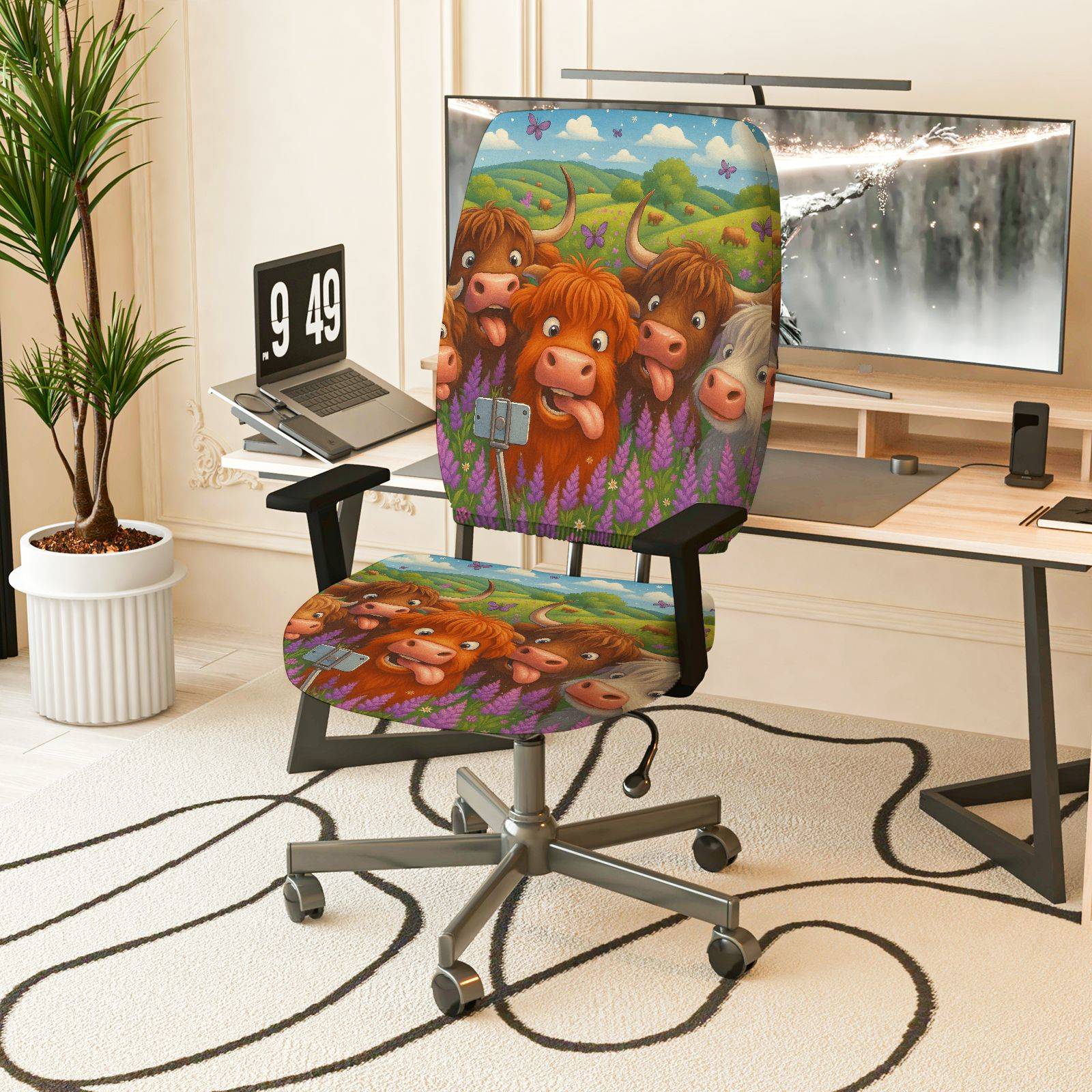 2-Piece Animal Pastoral Highland Cow Farm Nature  Computer Chair Cover Set, Seat and Backrest