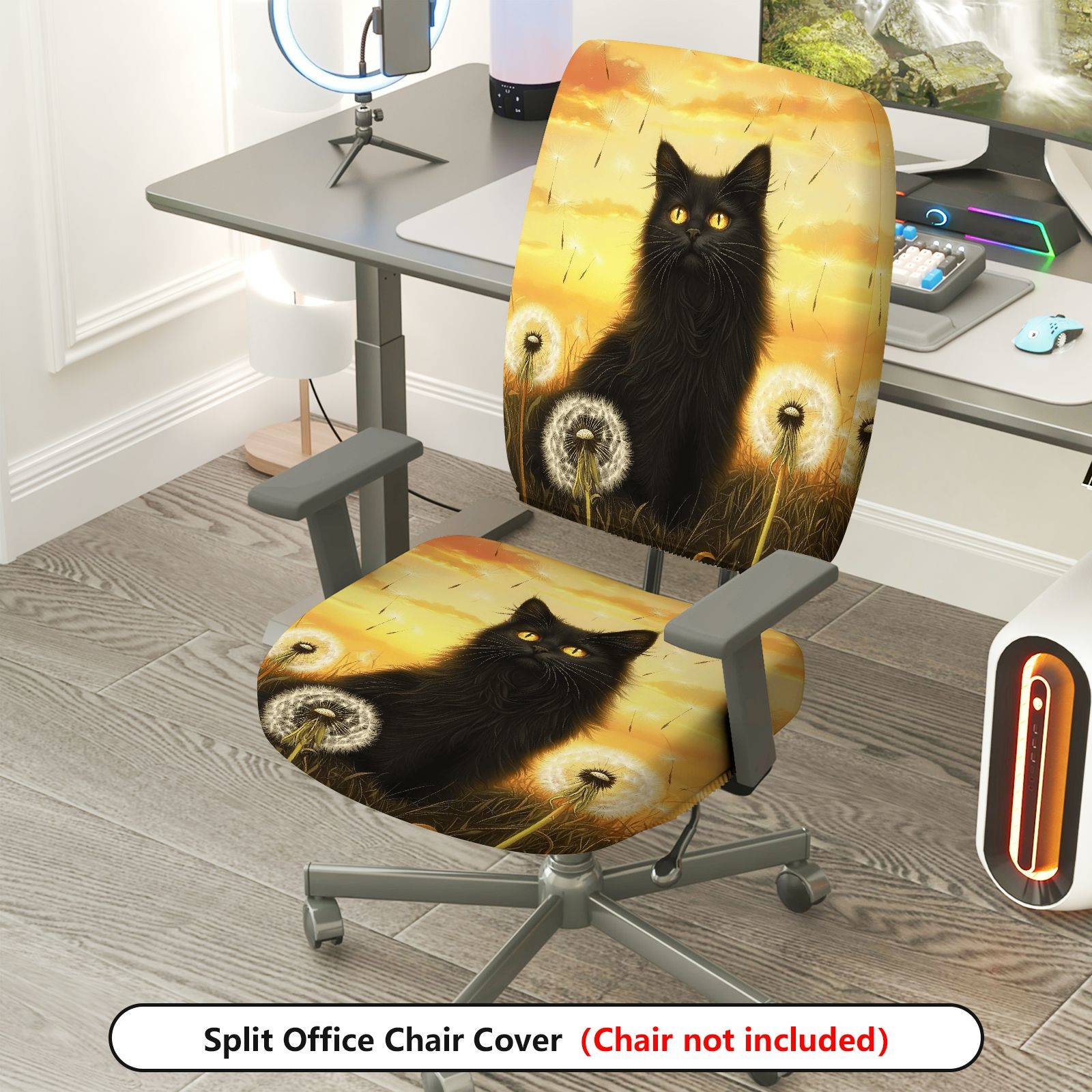2-Piece Black Cat Dandelion Sunset Art Stylish  Computer Chair Cover Set, Seat and Backrest