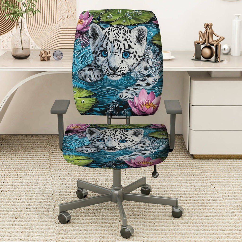 2-Piece Animal Print Floral Water Lily Leopard  Computer Chair Cover Set, Seat and Backrest
