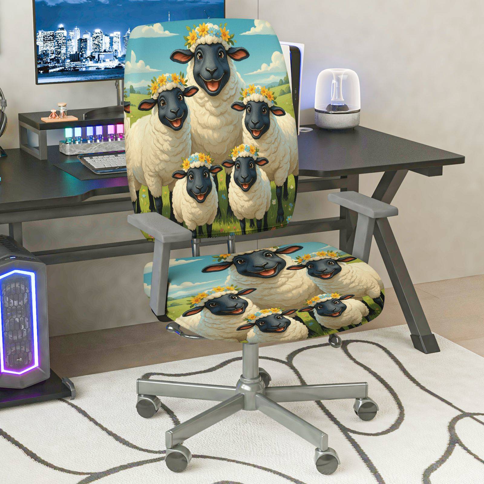 2-Piece Cute Sheep Floral Farm Animal Pastoral Cozy  Computer Chair Cover Set, Seat and Backrest