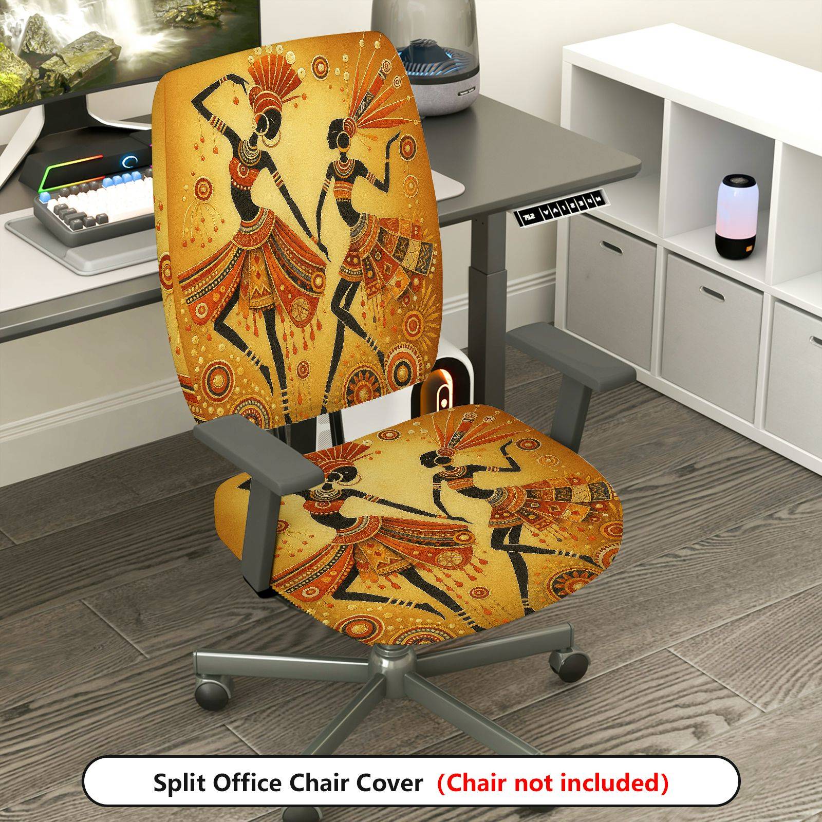 2-Piece African Ethnic Dancing Art Decor  Computer Chair Cover Set, Seat and Backrest