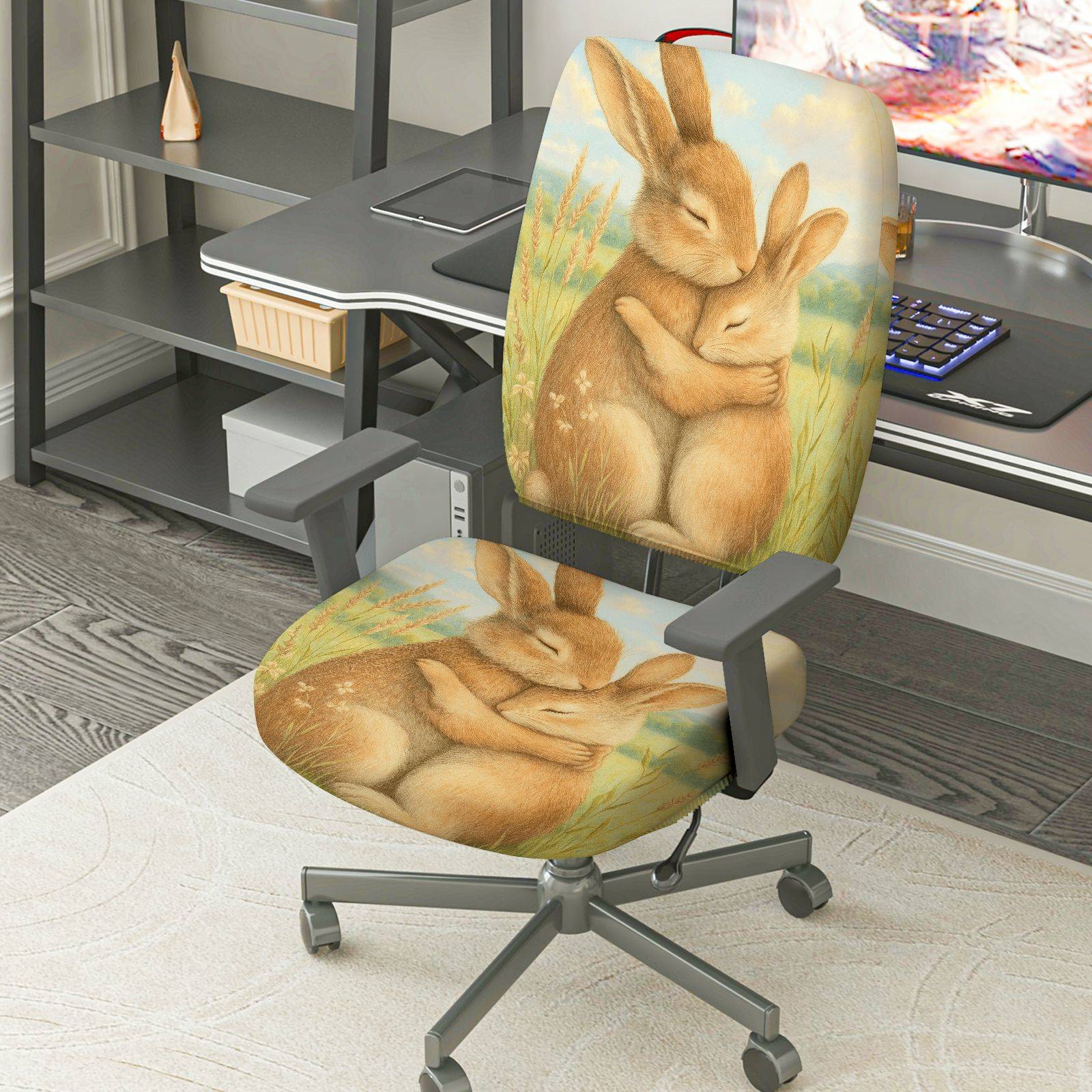 2-Piece Lovely Animal Bunny Hug Pastoral Art  Computer Chair Cover Set, Seat and Backrest