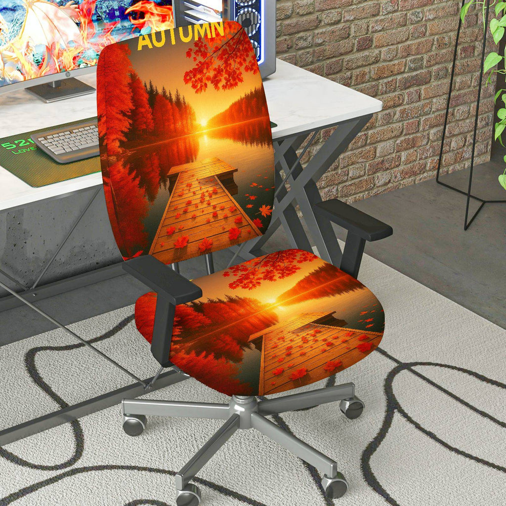 2-Piece Autumn Sunset Lake Nature Scenery  Computer Chair Cover Set, Seat and Backrest