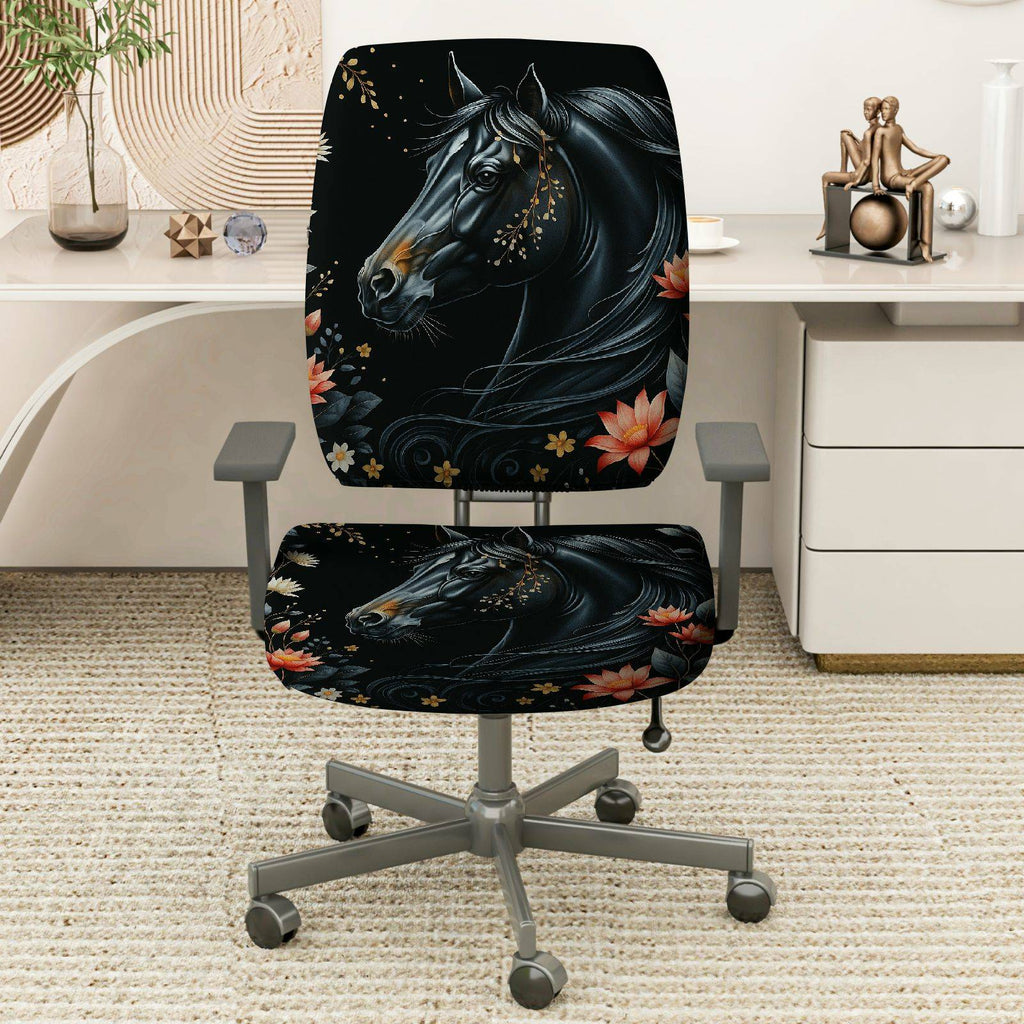 2-Piece Black Horse Floral Pattern  Computer Chair Cover Set, Seat and Backrest