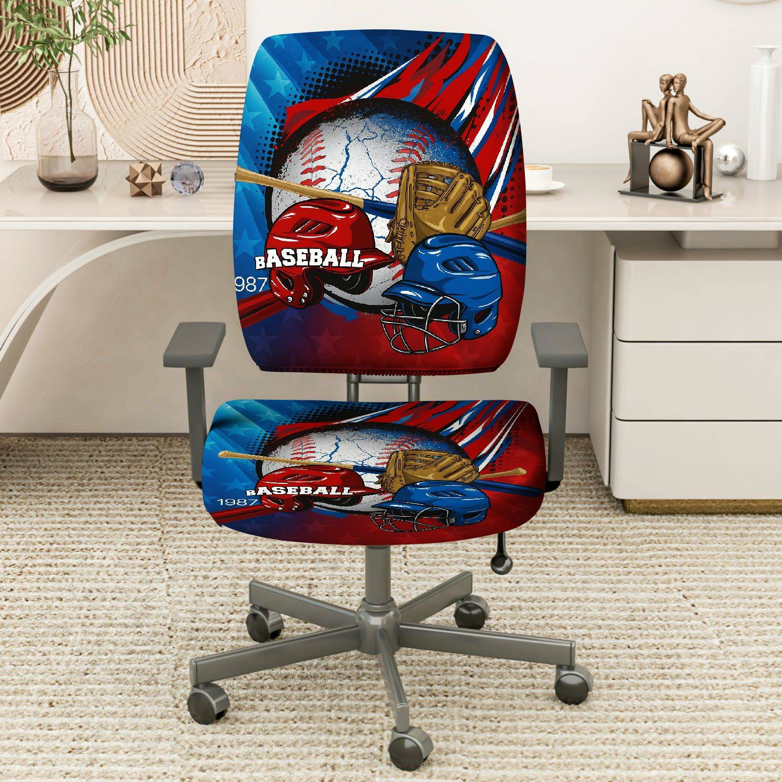 2-Piece Baseball Sports Game Graphic Patriotic Stars  Computer Chair Cover Set, Seat and Backrest