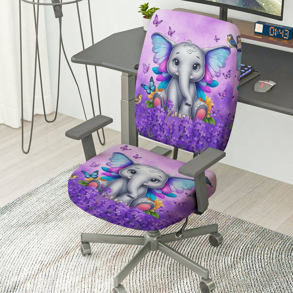 2-Piece Cute Elephant Butterfly Floral Animal Fantasy Purple  Computer Chair Cover Set, Seat and Backrest