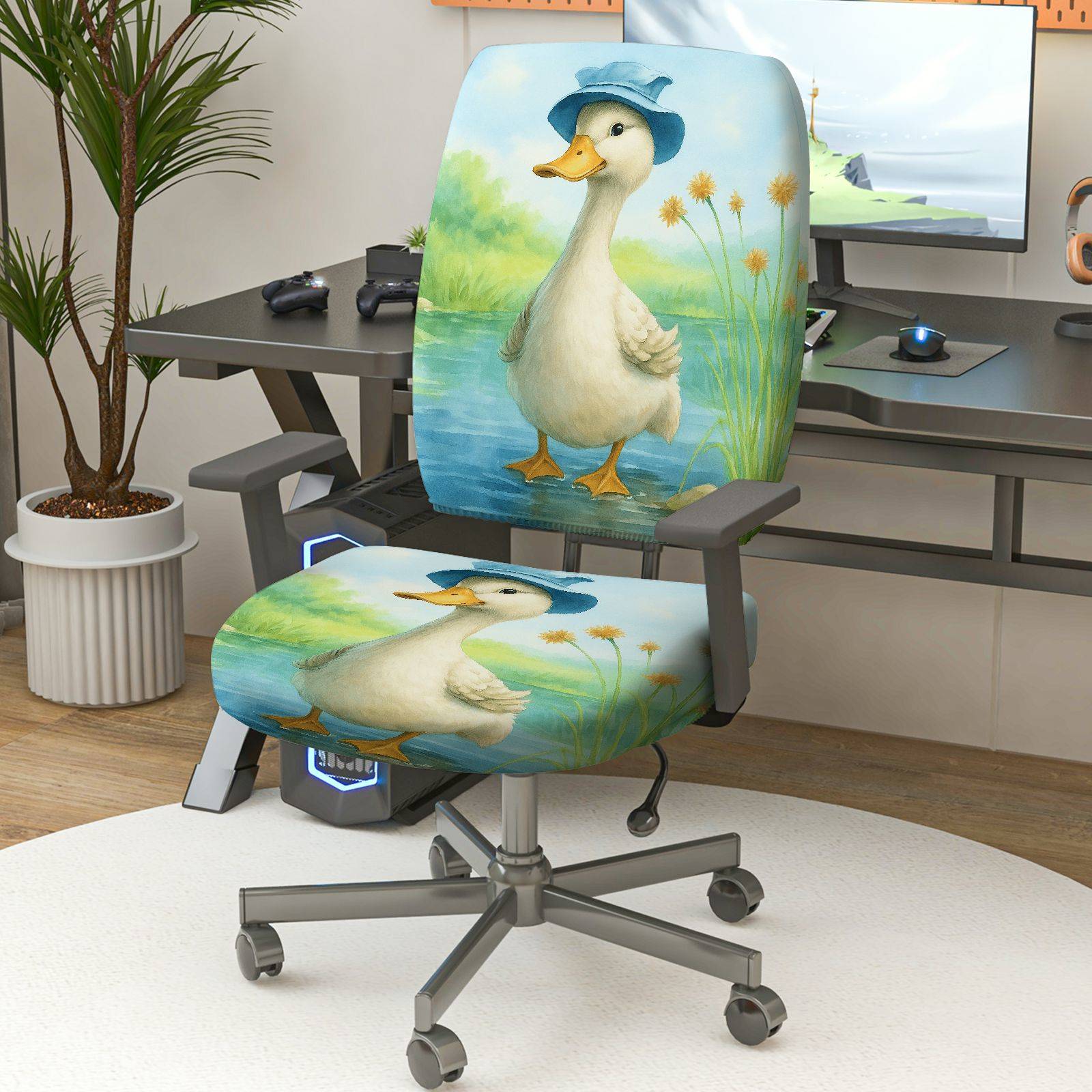 2-Piece Cute Animal Duck Blue Hat Nature Scenery  Computer Chair Cover Set, Seat and Backrest