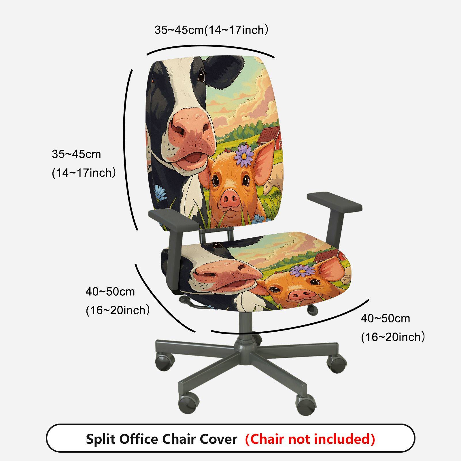 2-Piece Farm Animal Cow Pig Floral Scenic  Computer Chair Cover Set, Seat and Backrest