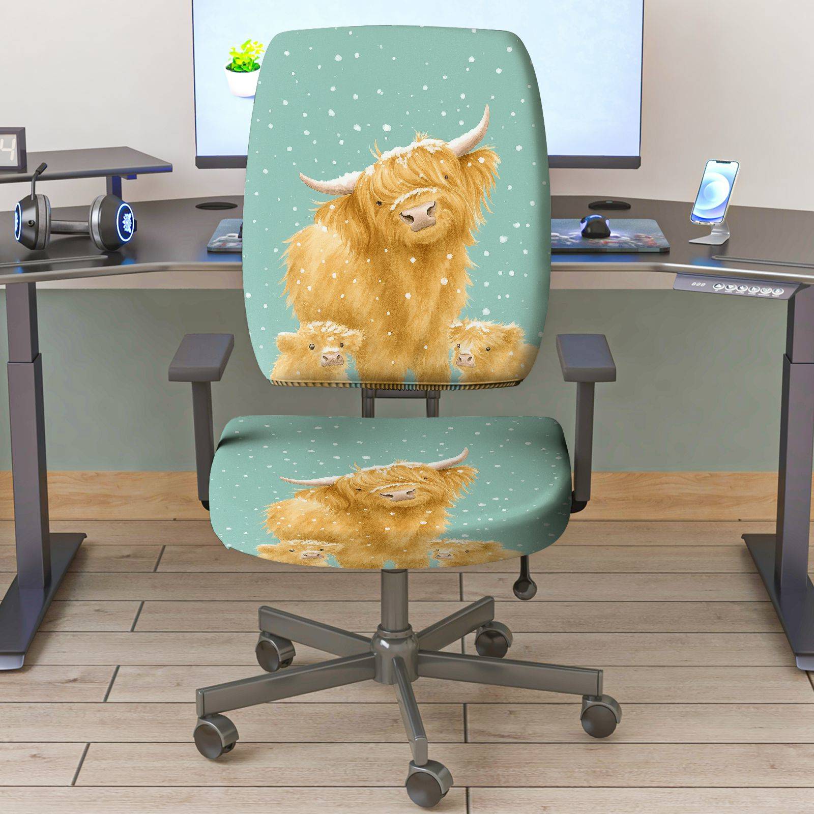 2-Piece Highland Cow Animal Pattern Cute Winter Snow  Computer Chair Cover Set, Seat and Backrest