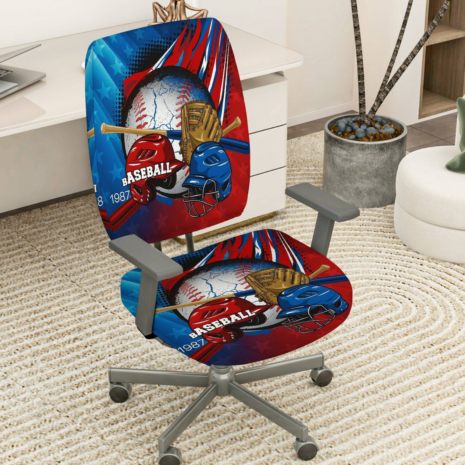 2-Piece Baseball Sports Game Graphic Patriotic Stars  Computer Chair Cover Set, Seat and Backrest