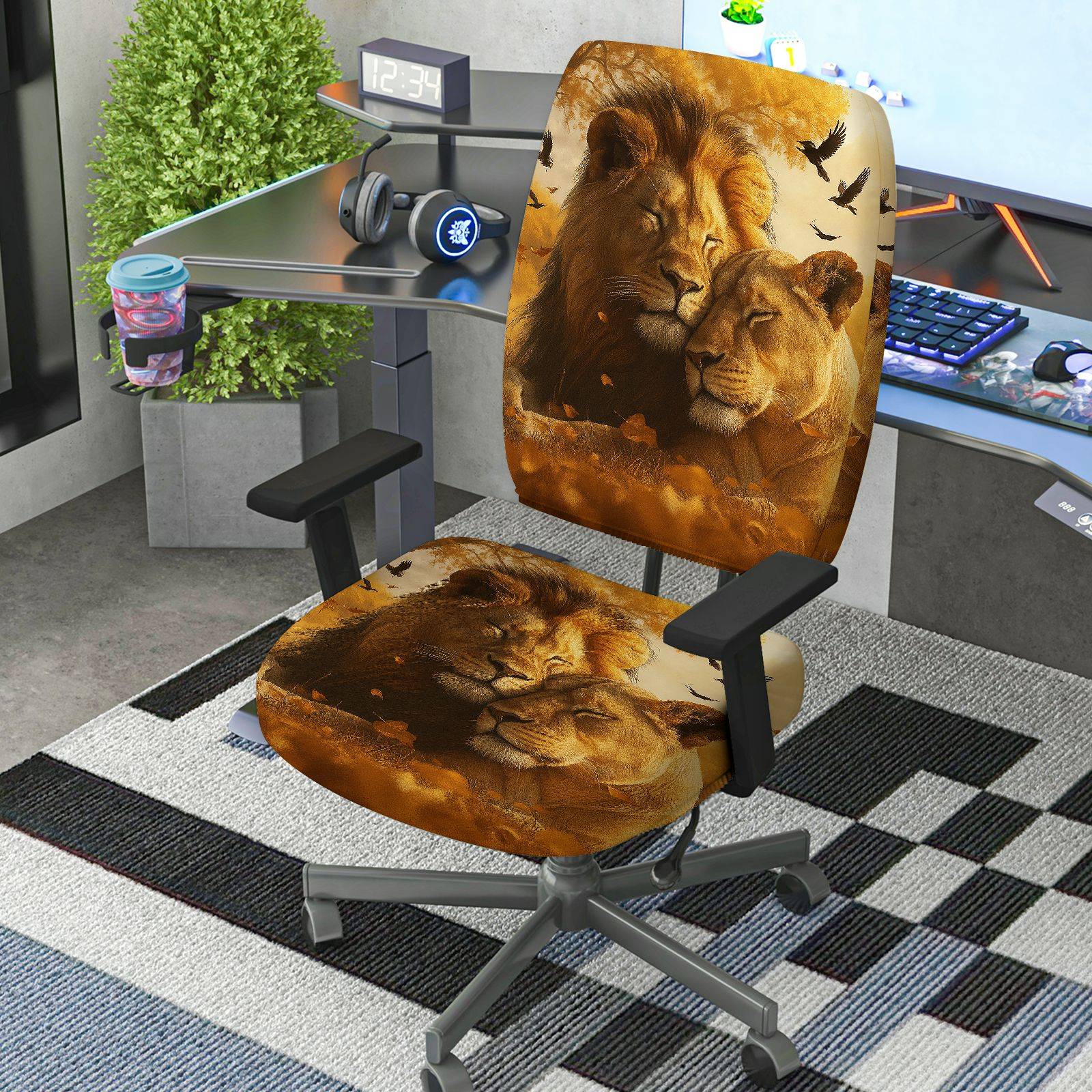 2-Piece Animal Lion Nature Wildlife Love  Computer Chair Cover Set, Seat and Backrest