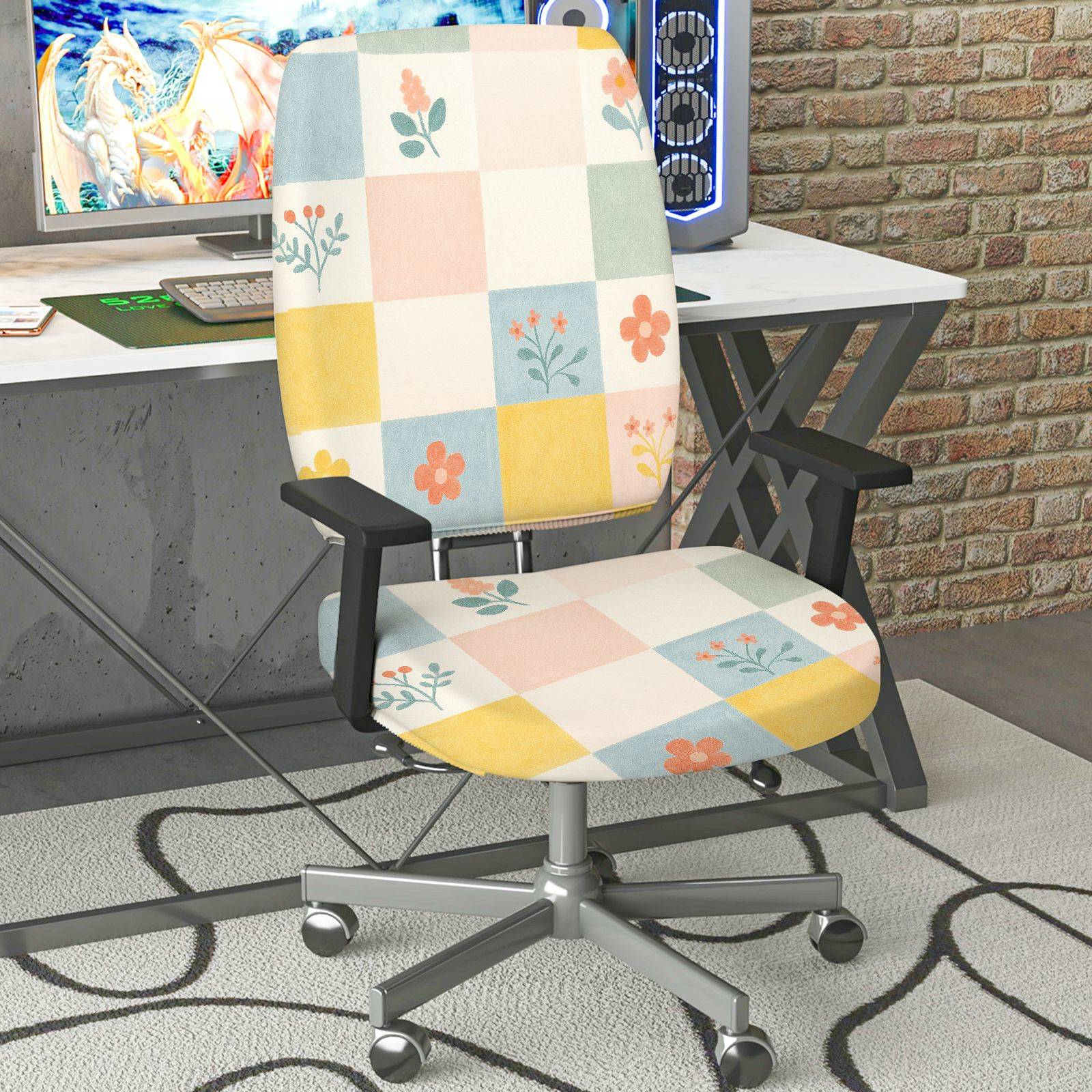 2-Piece Colorful Floral Geometric Patchwork Pattern  Computer Chair Cover Set, Seat and Backrest