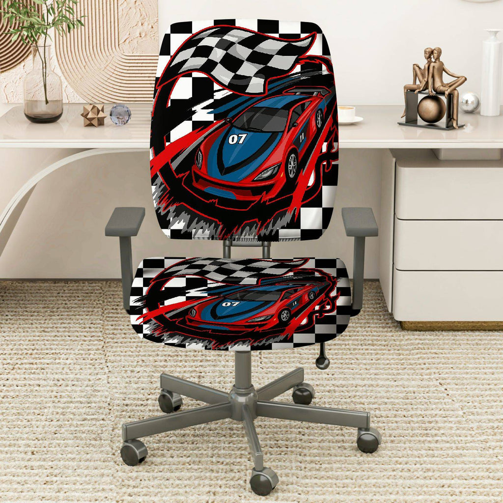 2-Piece Racing car checkered flag black red blue  Computer Chair Cover Set, Seat and Backrest