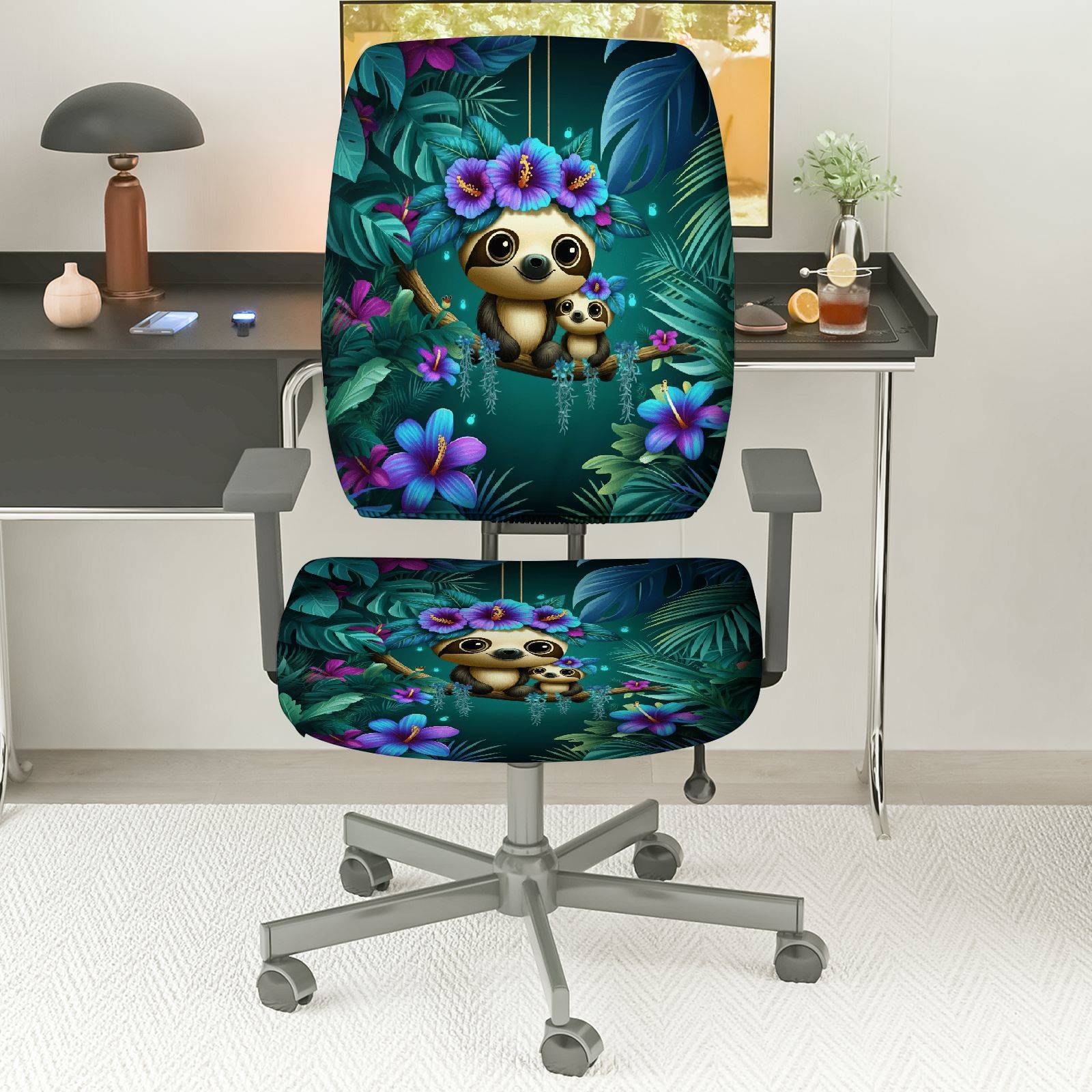 2-Piece Cute Panda Tropical Floral Jungle Animal  Computer Chair Cover Set, Seat and Backrest