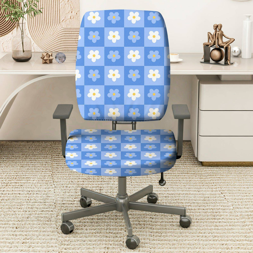 2-Piece Blue Floral Checkered Pattern  Computer Chair Cover Set, Seat and Backrest