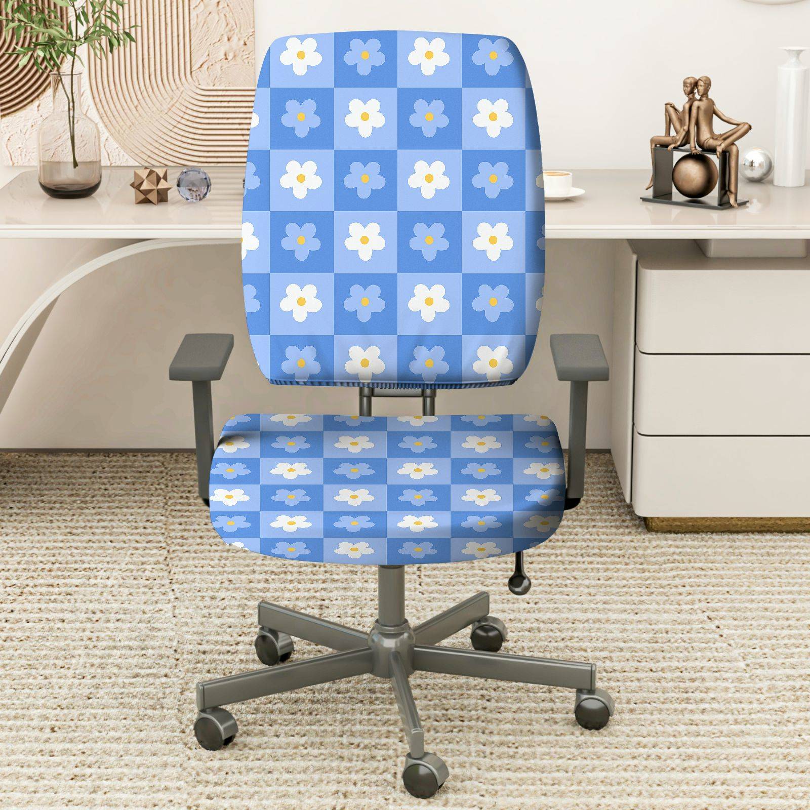 2-Piece Blue Floral Checkered Pattern  Computer Chair Cover Set, Seat and Backrest
