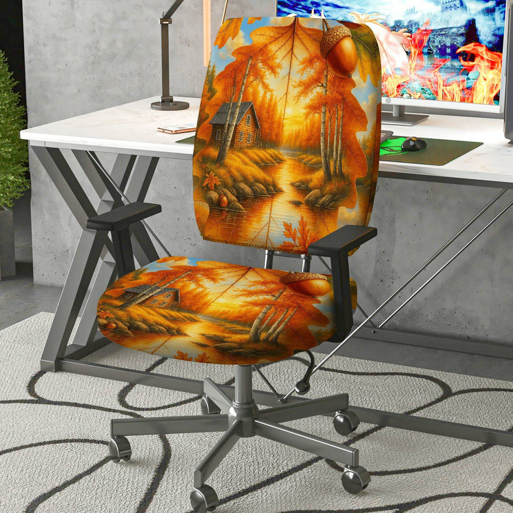 2-Piece Autumn Scenic Cottage Forest River Rustic  Computer Chair Cover Set, Seat and Backrest