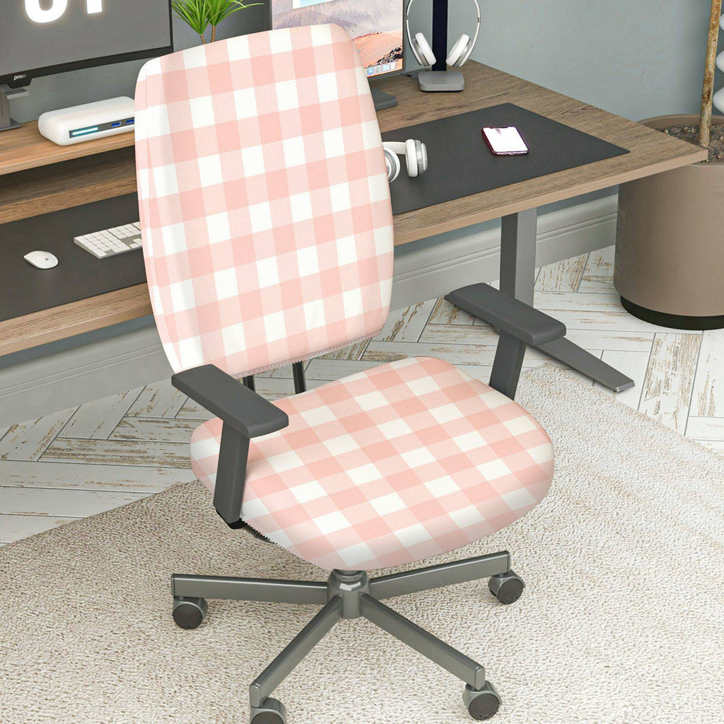 2-Piece Pink Plaid Checkered Pattern Modern  Computer Chair Cover Set, Seat and Backrest