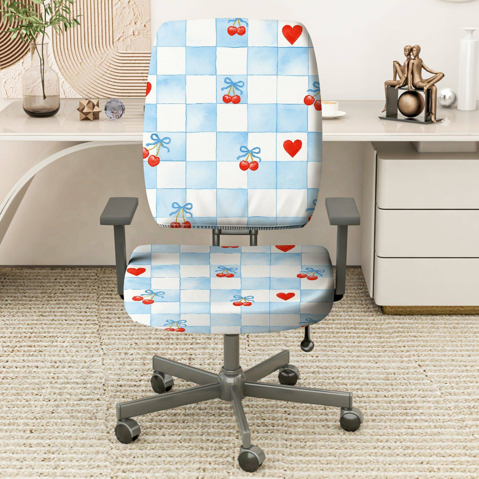 2-Piece Red Heart Cherry Bowknot Plaid  Computer Chair Cover Set, Seat and Backrest