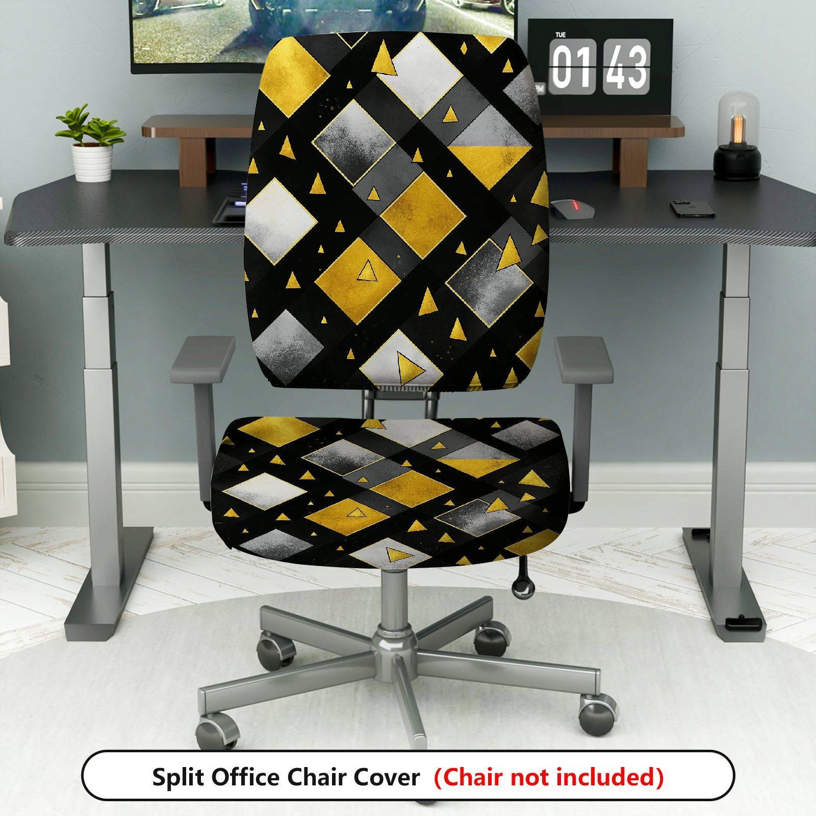 2-Piece Geometric Modern Pattern Black Gold Gray  Computer Chair Cover Set, Seat and Backrest