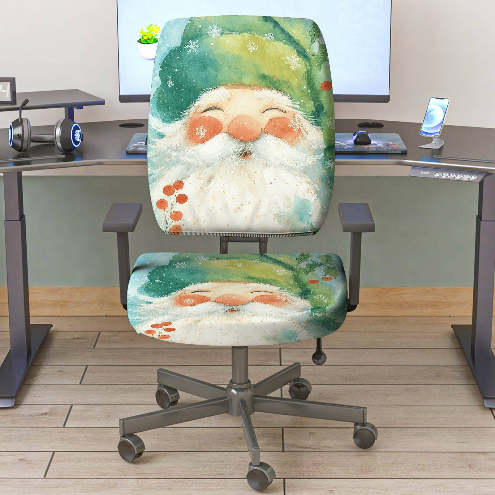 2-Piece Christmas Winter Santa Claus Snowflakes Festive Decorative  Computer Chair Cover Set, Seat and Backrest