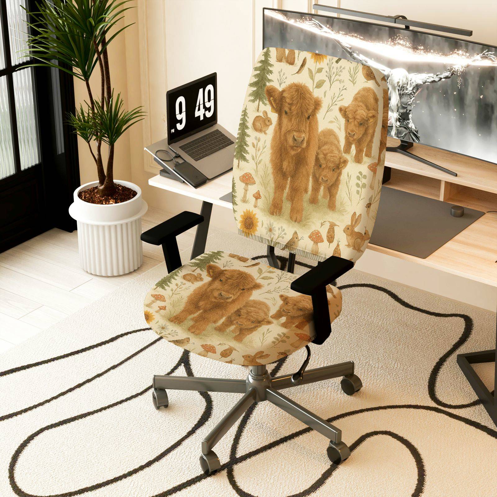 2-Piece Animal Nature Rustic Woodland Highland Cattle  Computer Chair Cover Set, Seat and Backrest