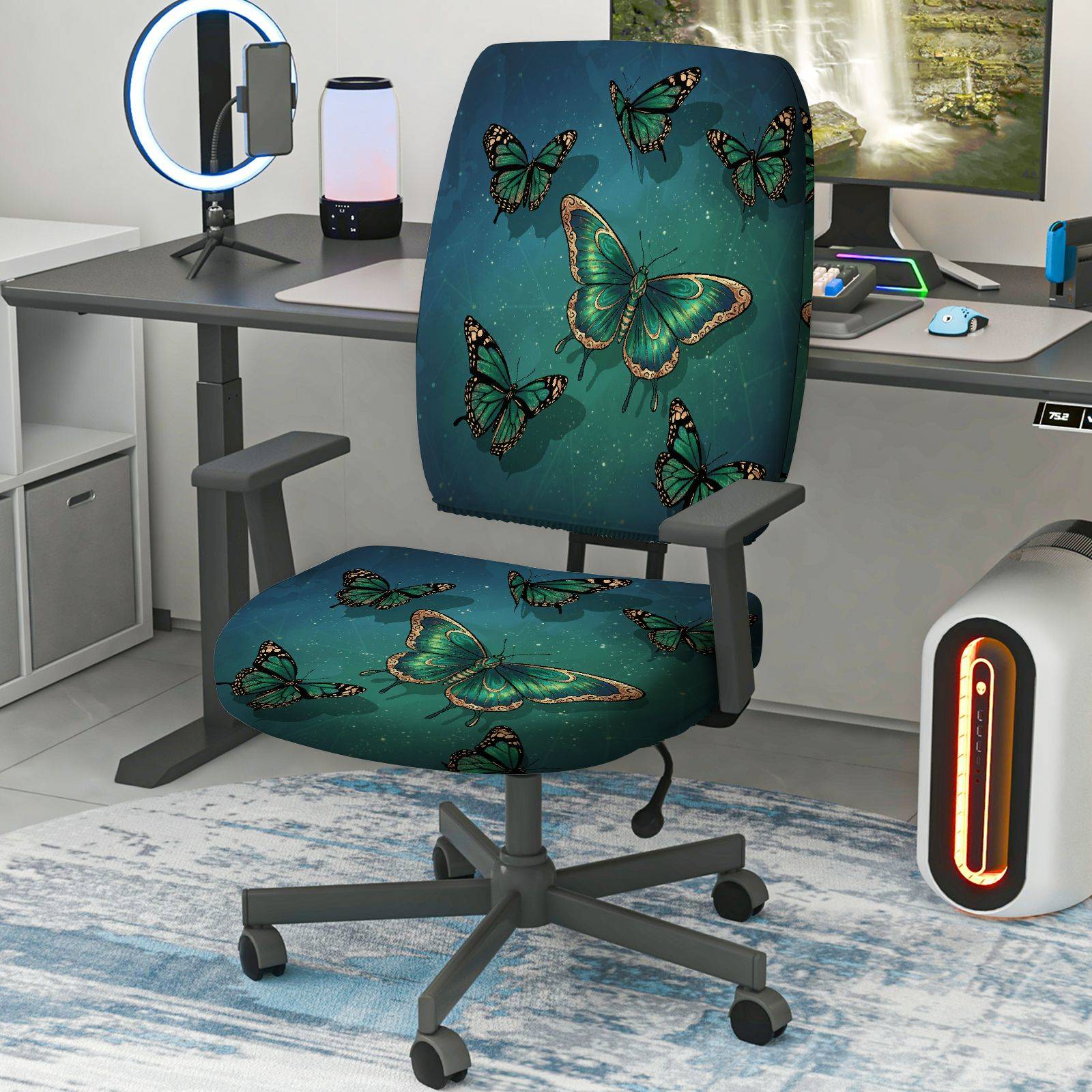 2-Piece Butterfly Green Blue Black Nature Art  Computer Chair Cover Set, Seat and Backrest