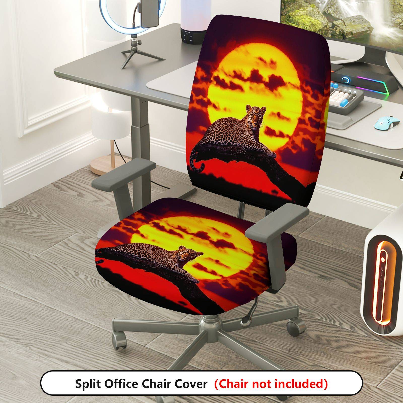 2-Piece Sunset Leopard Animal Wildlife Nature Scenery  Computer Chair Cover Set, Seat and Backrest