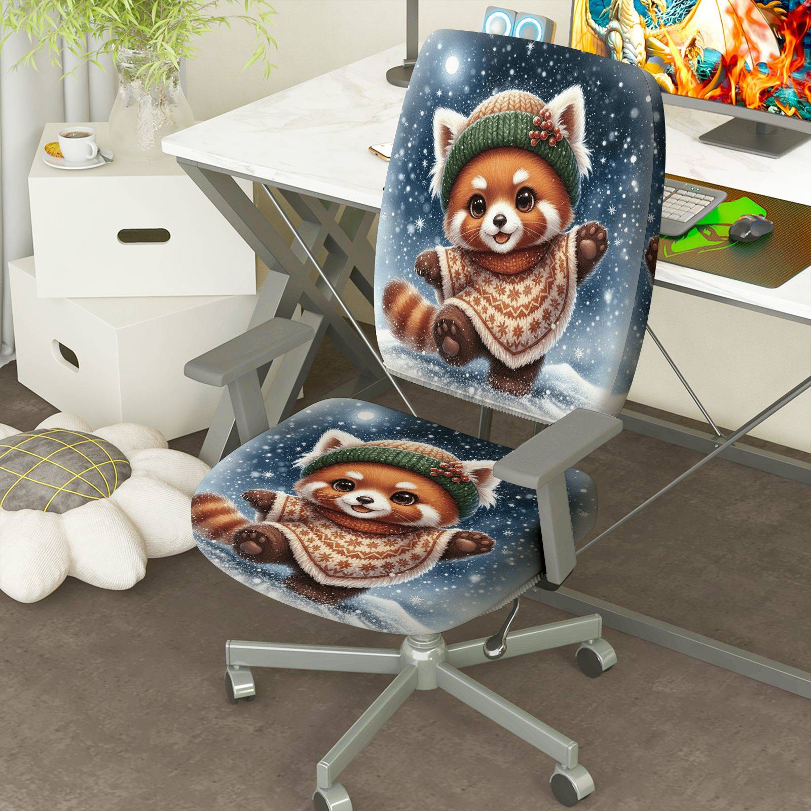2-Piece Animal Red Panda Winter Snowflakes Holiday  Computer Chair Cover Set, Seat and Backrest