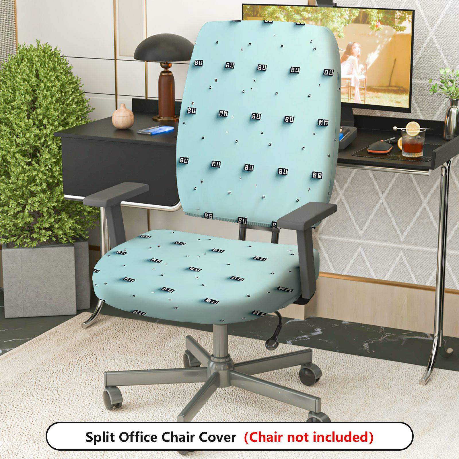 2-Piece Blue Abstract Letter Geometric Simple  Computer Chair Cover Set, Seat and Backrest