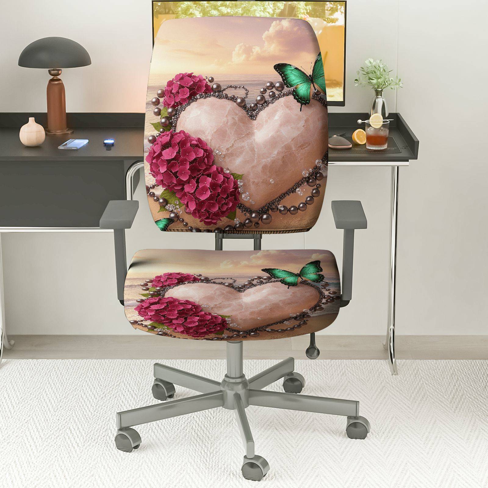 2-Piece Romantic Heart Flower Butterfly Pearl  Computer Chair Cover Set, Seat and Backrest