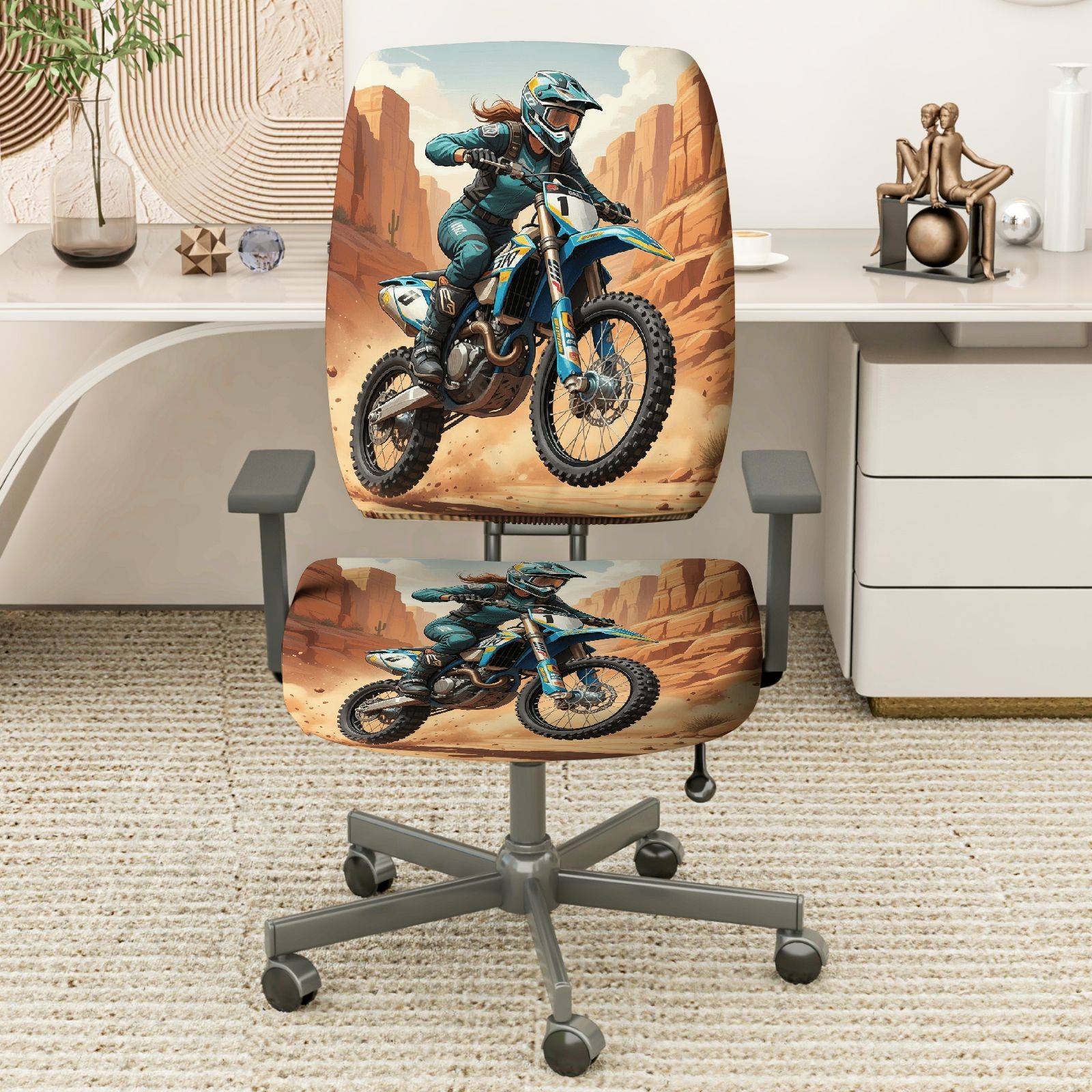 2-Piece Adventure Sport Racing Desert Motocross Dirtbike  Computer Chair Cover Set, Seat and Backrest