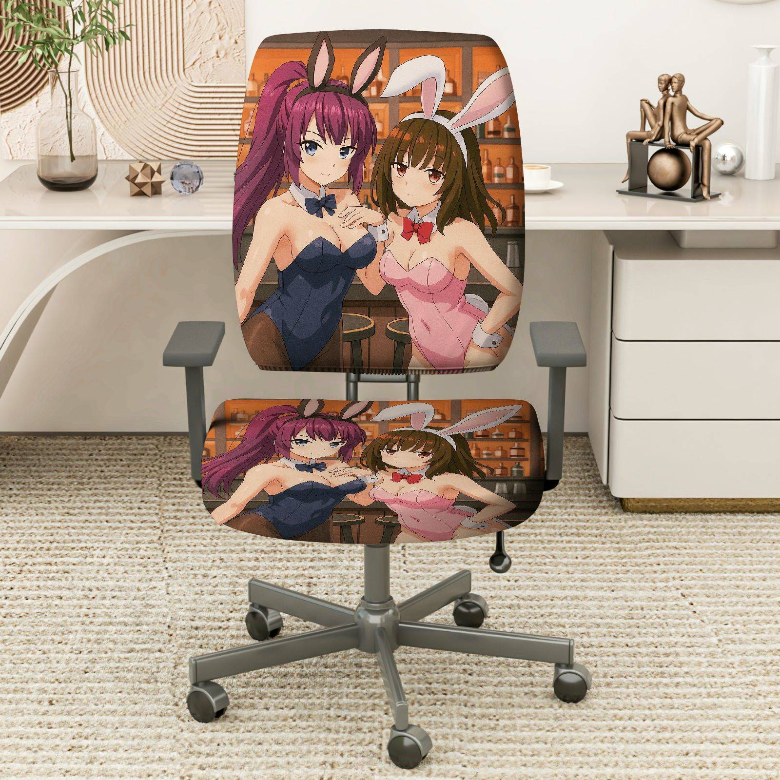 2-Piece Anime Bunny Girl Bar Style Gaming  Computer Chair Cover Set, Seat and Backrest