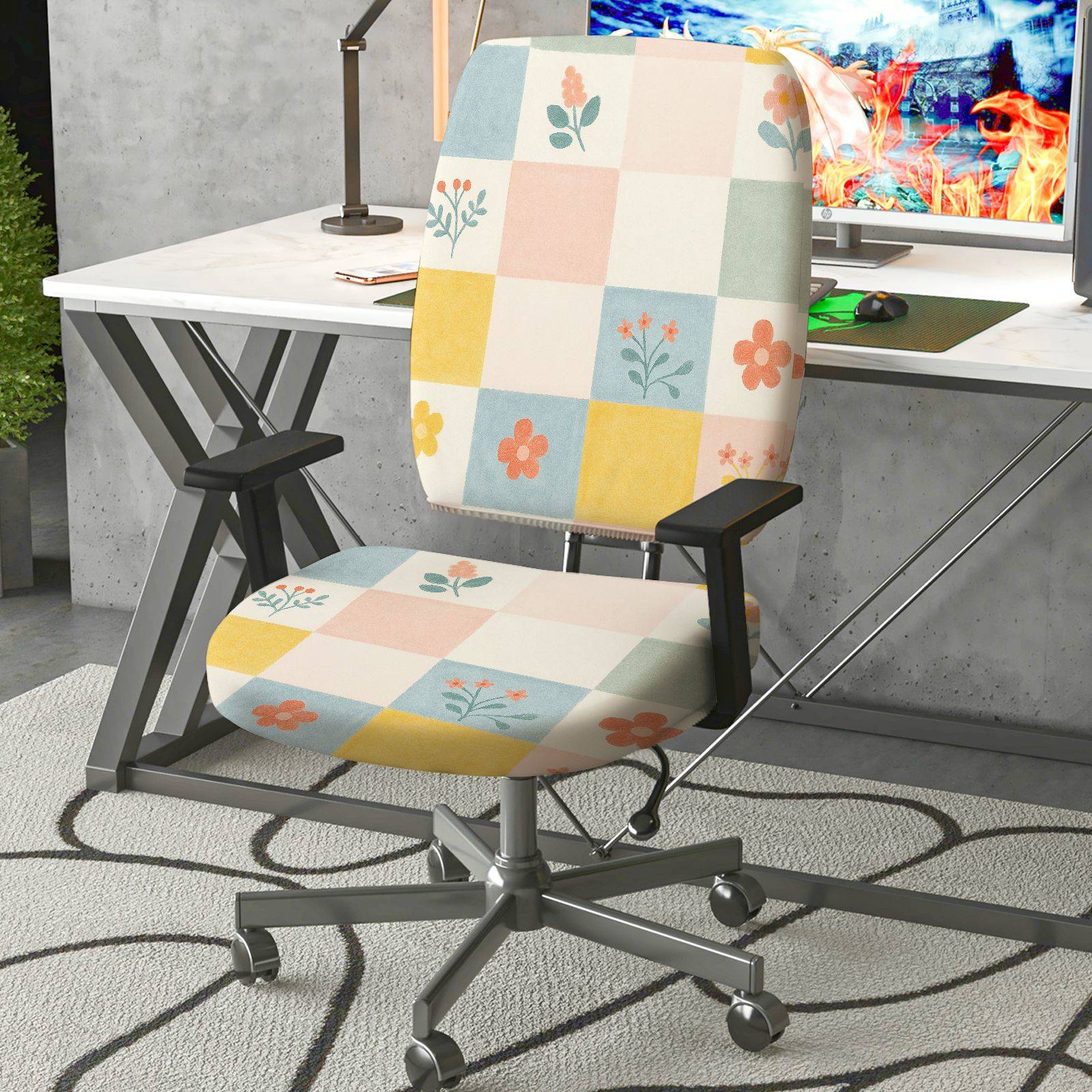 2-Piece Colorful Floral Geometric Patchwork Pattern  Computer Chair Cover Set, Seat and Backrest
