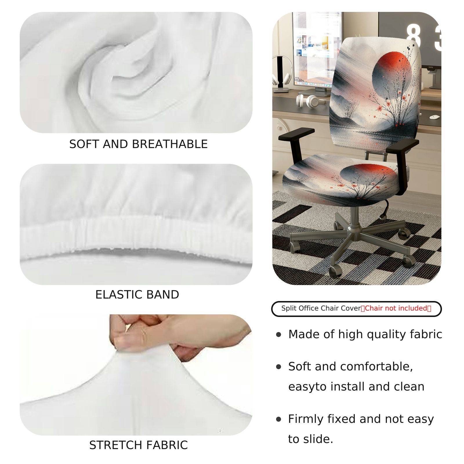 2-Piece Abstract Zen Nature Moon Artistic  Computer Chair Cover Set, Seat and Backrest