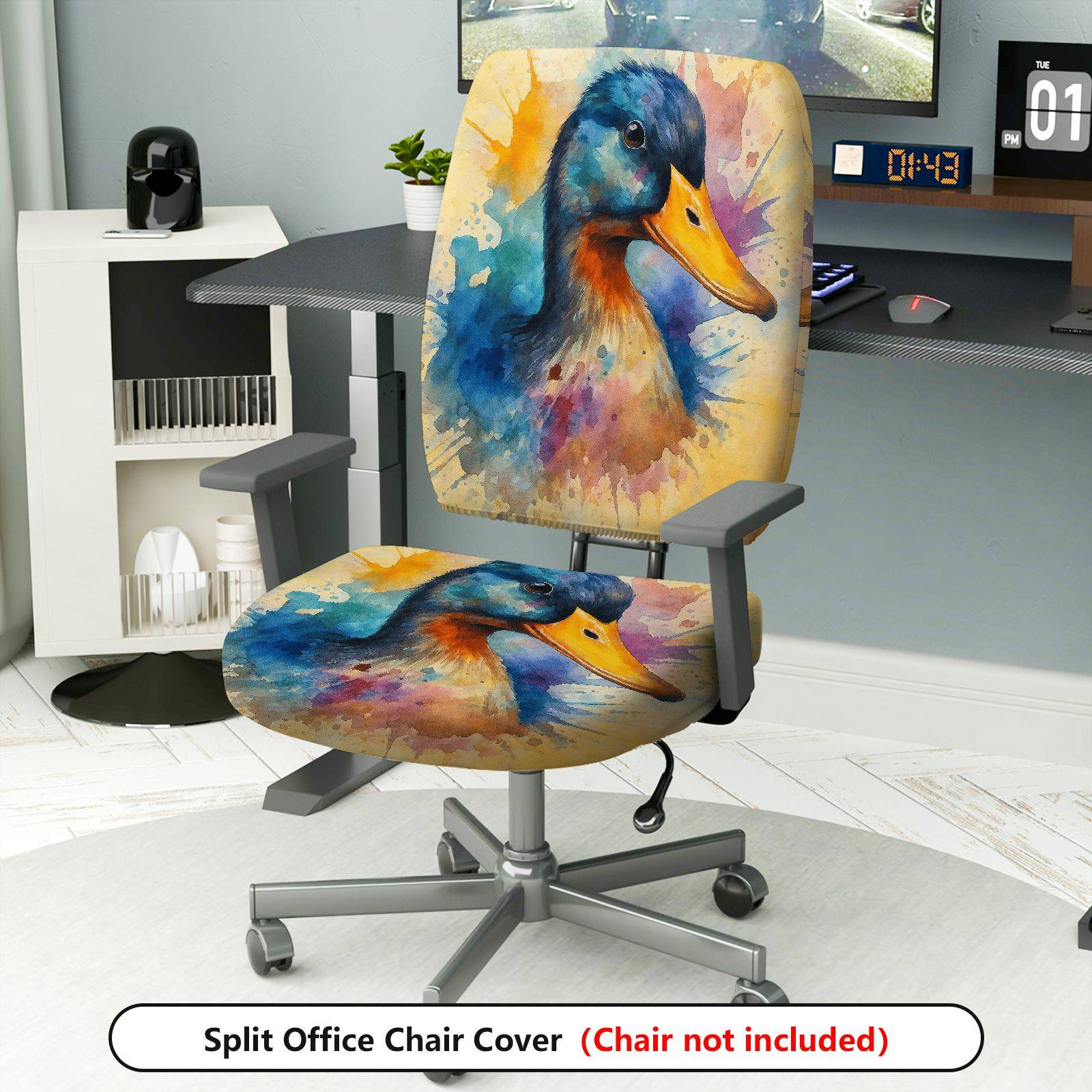 2-Piece Animal Duck Watercolor Art Vibrant Pattern  Computer Chair Cover Set, Seat and Backrest