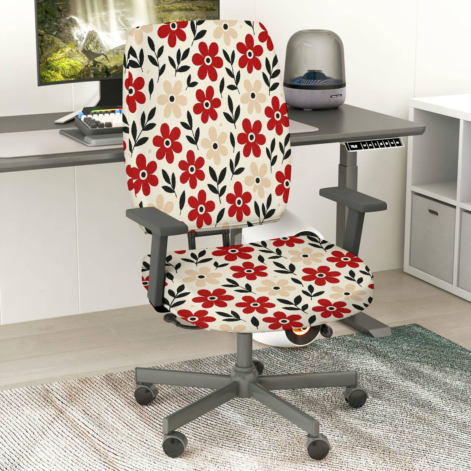 2-Piece Floral Red Beige Black Pattern  Computer Chair Cover Set, Seat and Backrest
