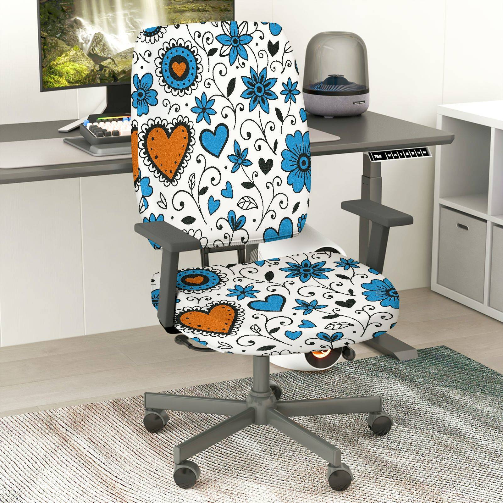 2-Piece Heart Floral Blue Black  Computer Chair Cover Set, Seat and Backrest