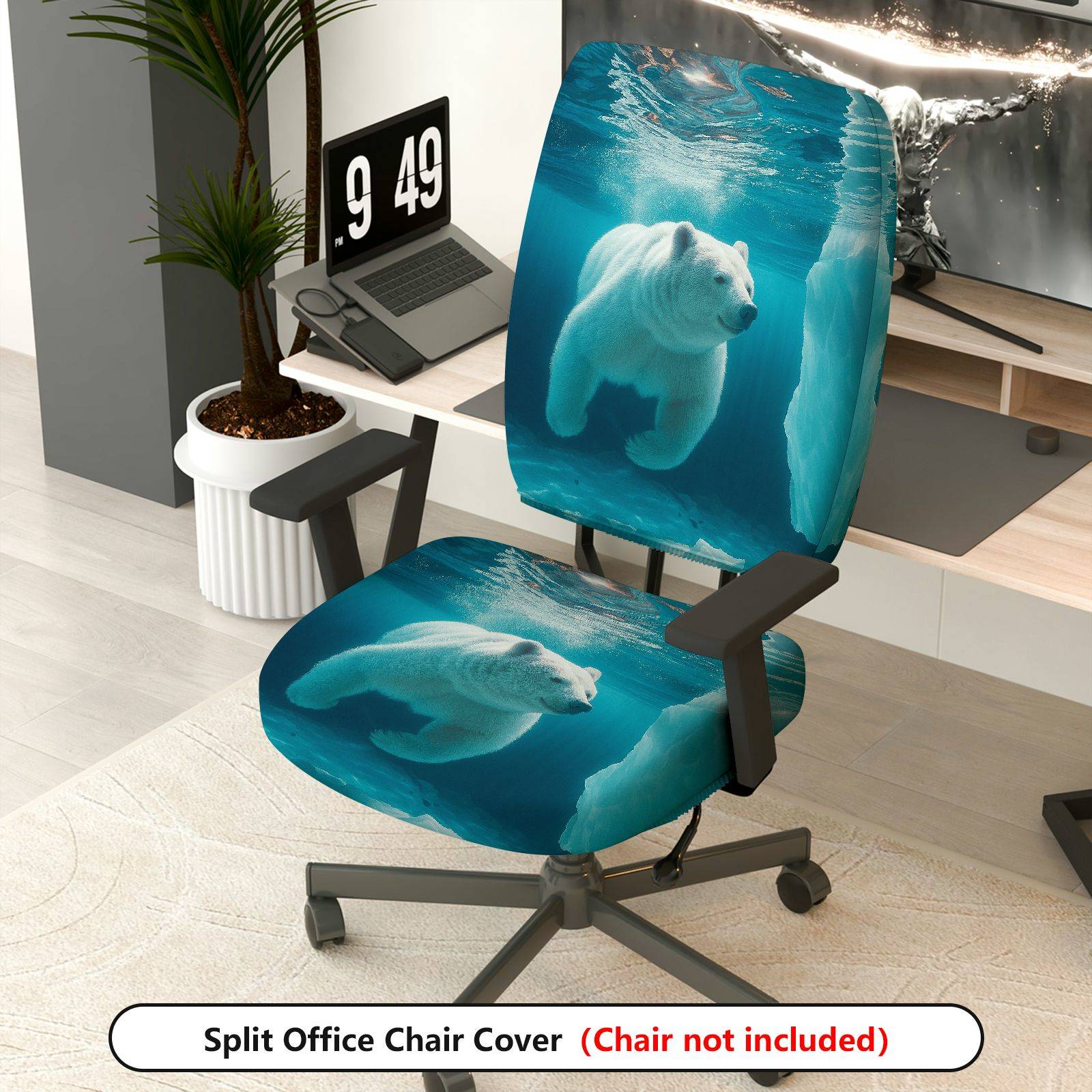 2-Piece Arctic Polar Bear Underwater Theme  Computer Chair Cover Set, Seat and Backrest
