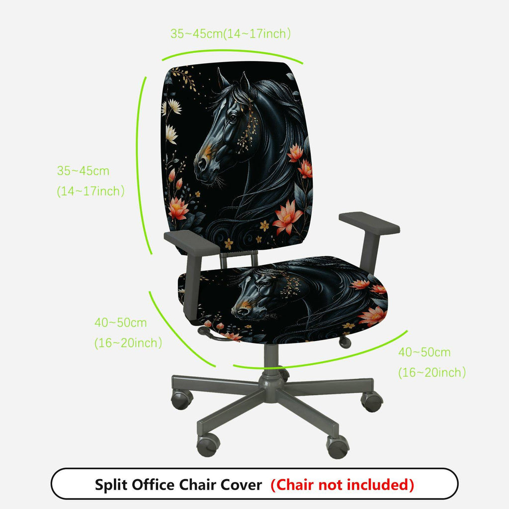 2-Piece Black Horse Floral Pattern  Computer Chair Cover Set, Seat and Backrest