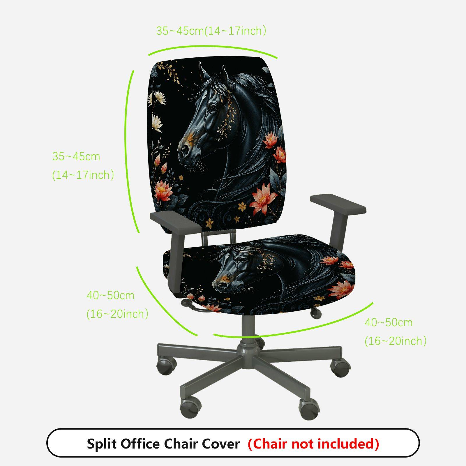 2-Piece Black Horse Floral Pattern  Computer Chair Cover Set, Seat and Backrest